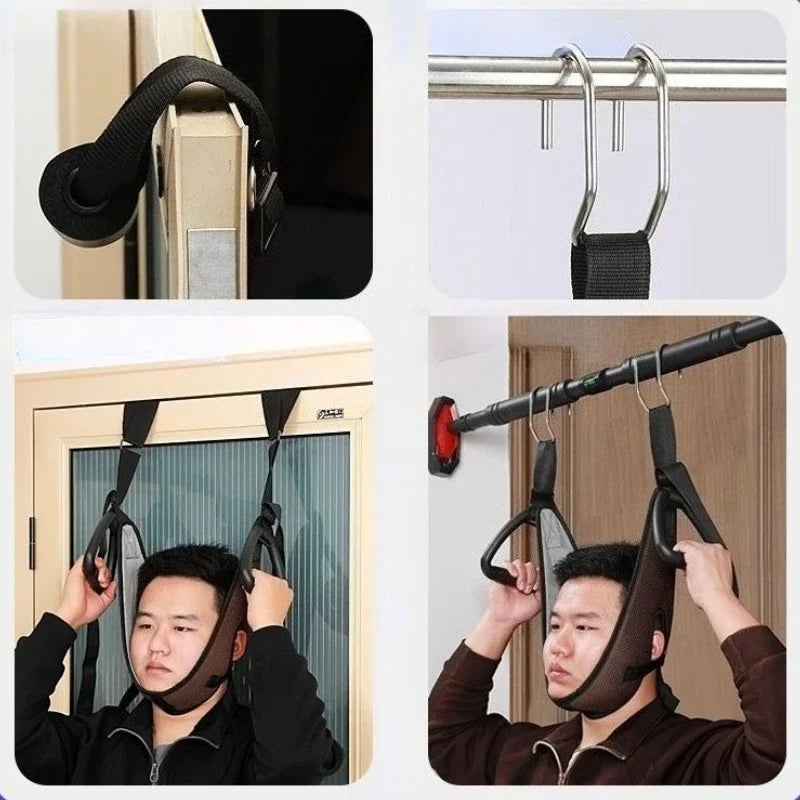 Cervical stretching device with suspension strap for pain relief