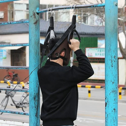 Cervical stretching device with suspension strap for pain relief