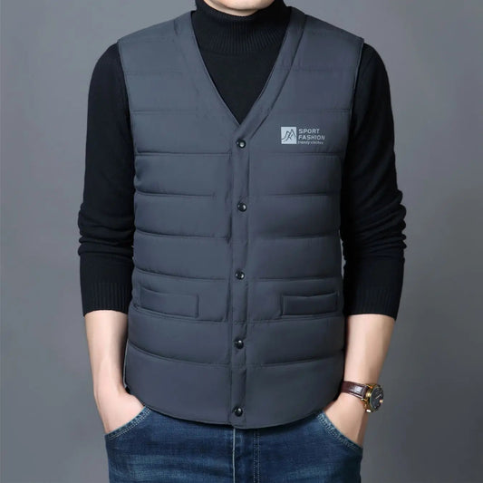 Men's V-Neck Quilted Cotton Down Jacket – Warm Vest for Winter