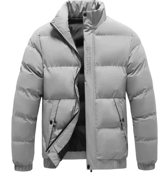 Men's Quilted Insulated Down Jacket with Stand-Up Collar and Elastic Cuffs - Windbreaker Jacket