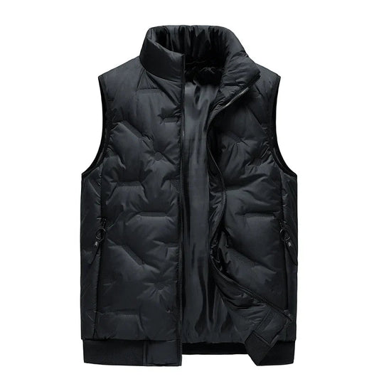 Quilted Down Jacket for Men with Mao Collar – Warm Vest in Cotton and Polyester, Zipped Pockets, Up to 8XL