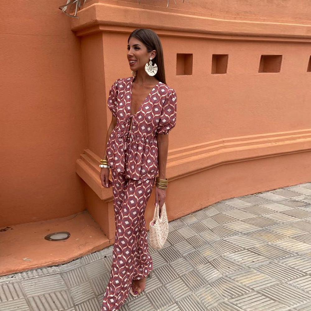 Ensemble Tailleur Femme Imprimé Floral – Haut à Nouer et Pantalon Droit à Taille Élastique