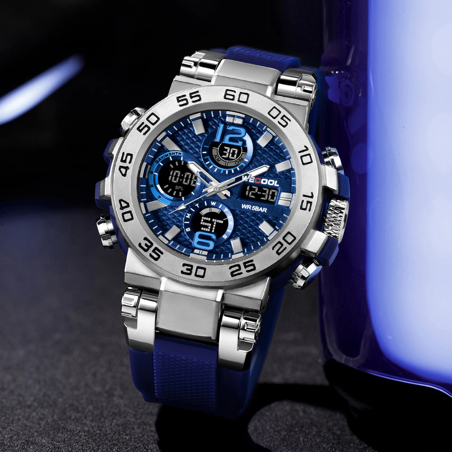 Dual Display Waterproof Alarm Clock Watch for Men – 50M Water Resistance, LED Electronic Display