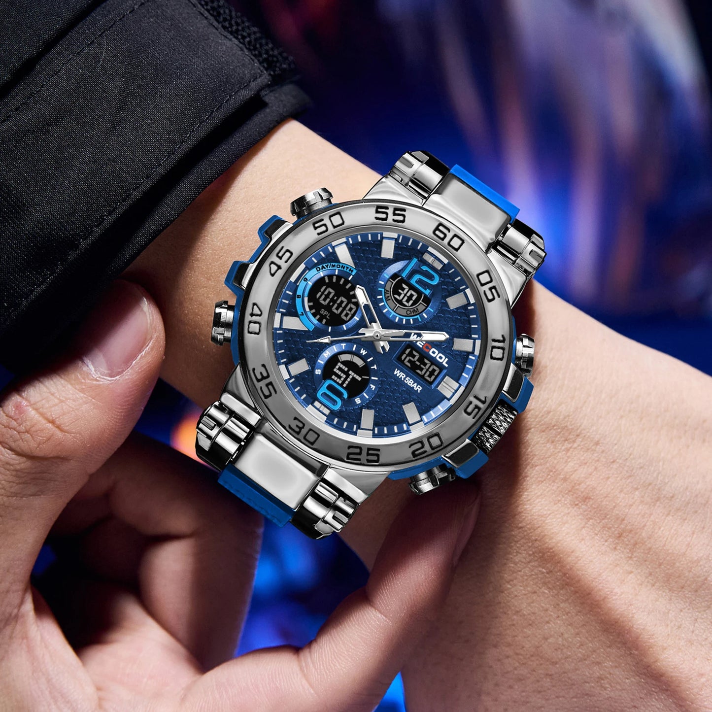 Dual Display Waterproof Alarm Clock Watch for Men – 50M Water Resistance, LED Electronic Display