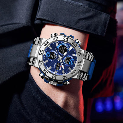 Dual Display Waterproof Alarm Clock Watch for Men – 50M Water Resistance, LED Electronic Display