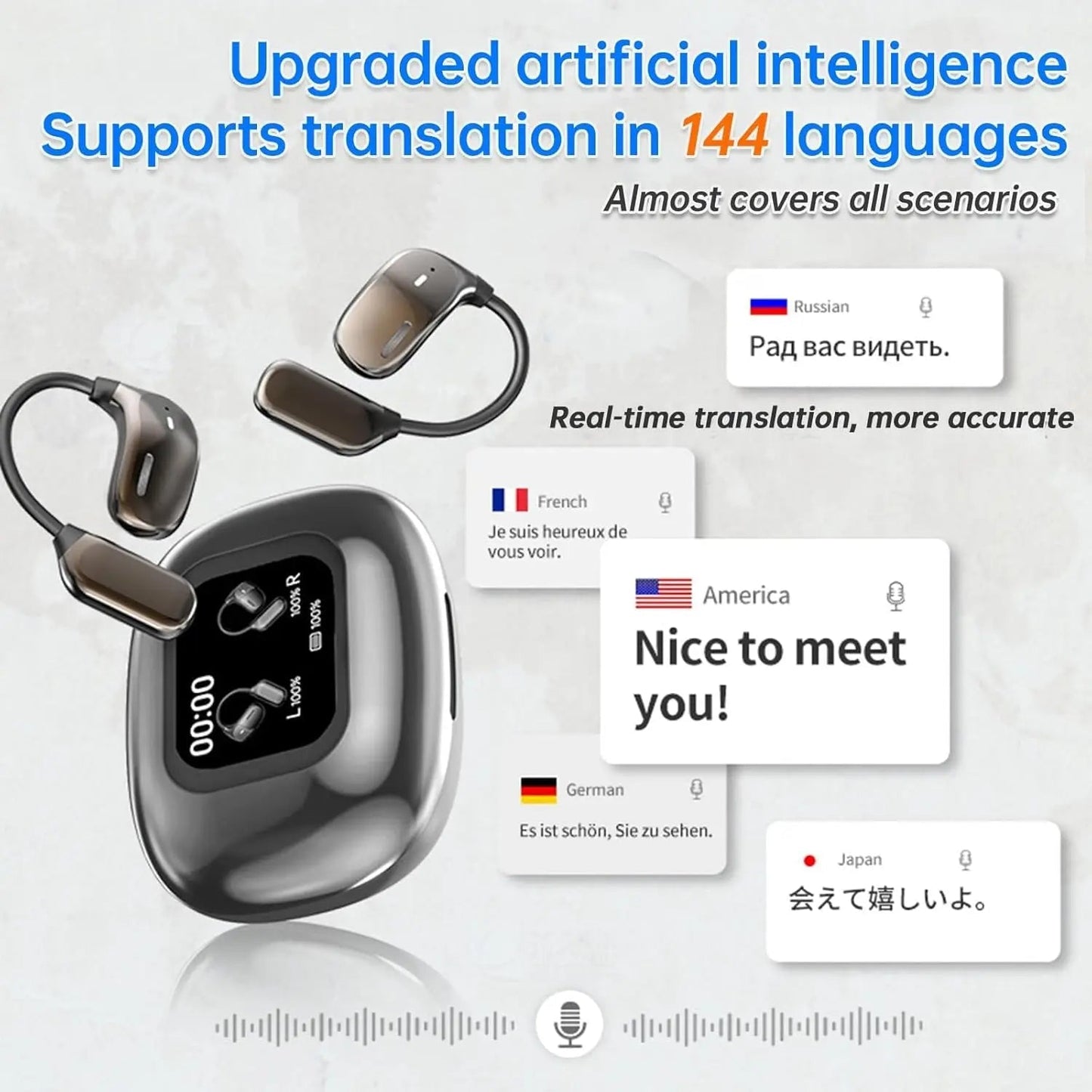 Open-Ear Earphones with Real-Time AI Translation – LCD Touch Screen, 144 Languages, Active Noise Cancellation