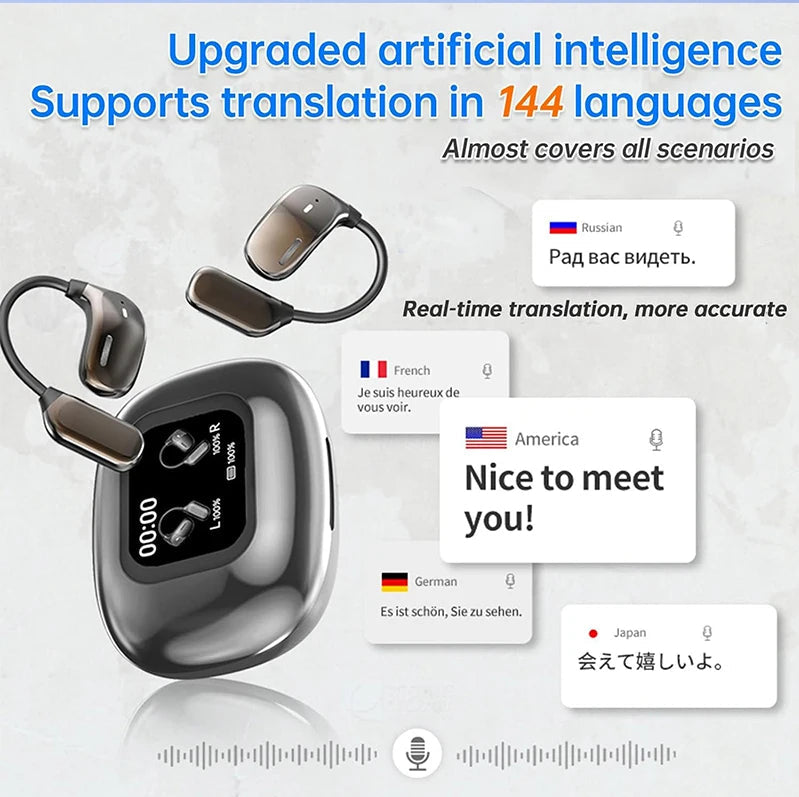 Open-Ear Earphones with Real-Time AI Translation – LCD Touch Screen, 144 Languages, Active Noise Cancellation
