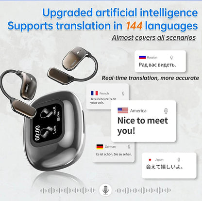 Open-Ear Earphones with Real-Time AI Translation – LCD Touch Screen, 144 Languages, Active Noise Cancellation