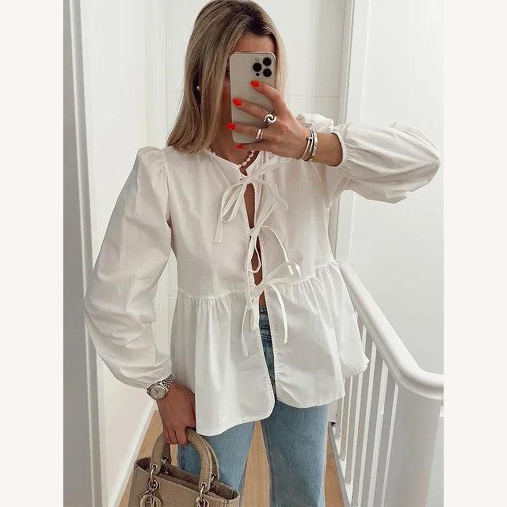 Feminine Knot Blouse in Lightweight Cotton with Puff Sleeves – Elegant V-Neck and Loose Fit