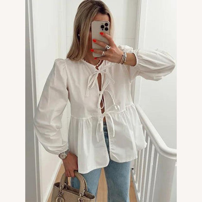 Feminine Knot Blouse in Lightweight Cotton with Puff Sleeves – Elegant V-Neck and Loose Fit