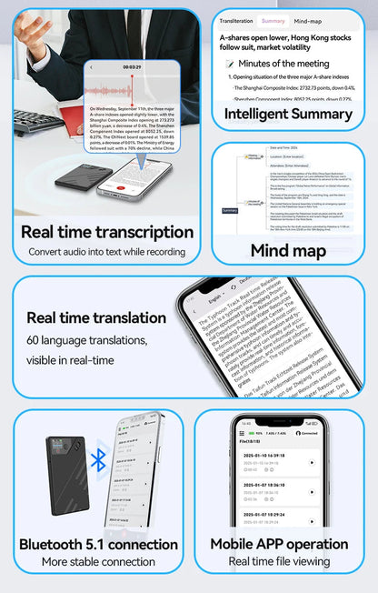 Enregistreur vocal IA avec transcription et résumé en temps réel – Compact et efficace