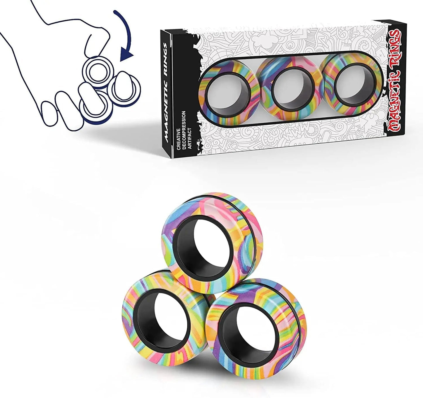 Magnetic Fidget Rings Set – 3 Colorful Pieces for Stress Relief and Concentration Improvement