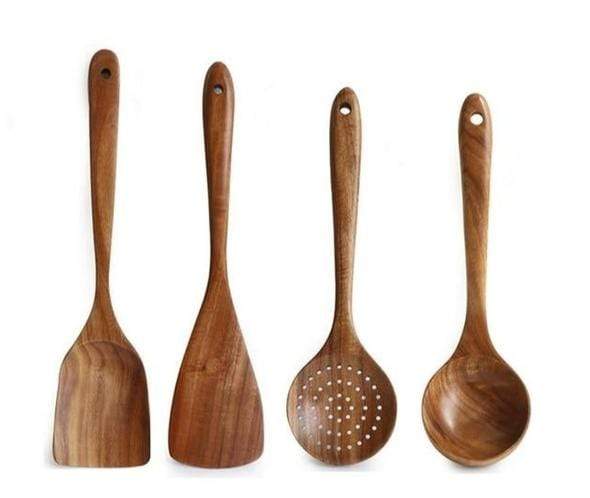 Ensemble d'Ustensiles de Cuisine en Bois de Teck – 4 Pièces, Non Rayants et Résistants à la Chaleur