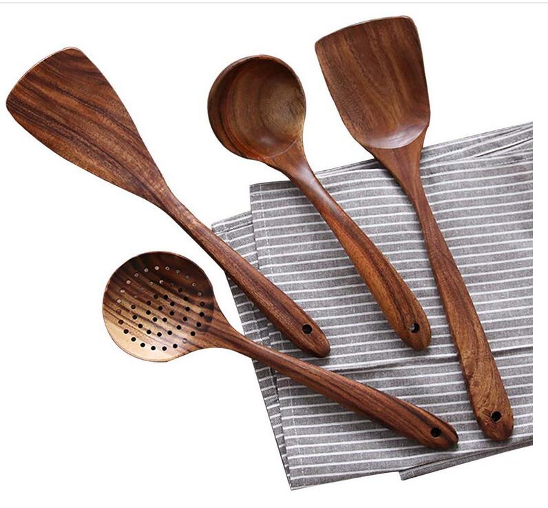 Ensemble d'Ustensiles de Cuisine en Bois de Teck – 4 Pièces, Non Rayants et Résistants à la Chaleur