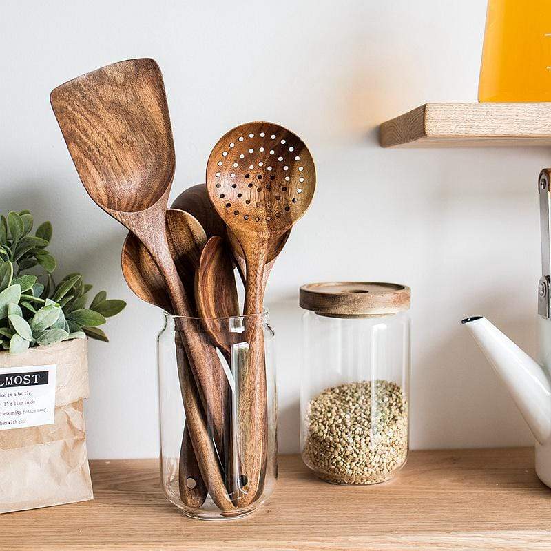 Ensemble d'Ustensiles de Cuisine en Bois de Teck – 4 Pièces, Non Rayants et Résistants à la Chaleur