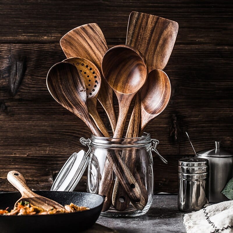 Ensemble d'Ustensiles de Cuisine en Teck de 7 Pièces – Outils Durables et Non Rayants pour Casseroles Antiadhésives