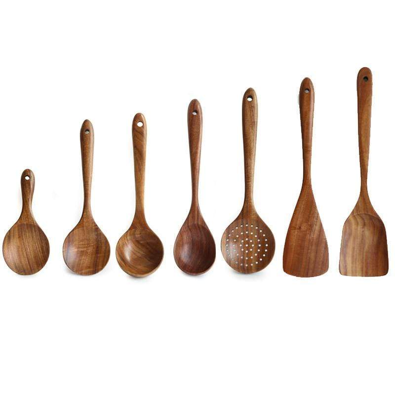 Ensemble d'Ustensiles de Cuisine en Teck de 7 Pièces – Outils Durables et Non Rayants pour Casseroles Antiadhésives