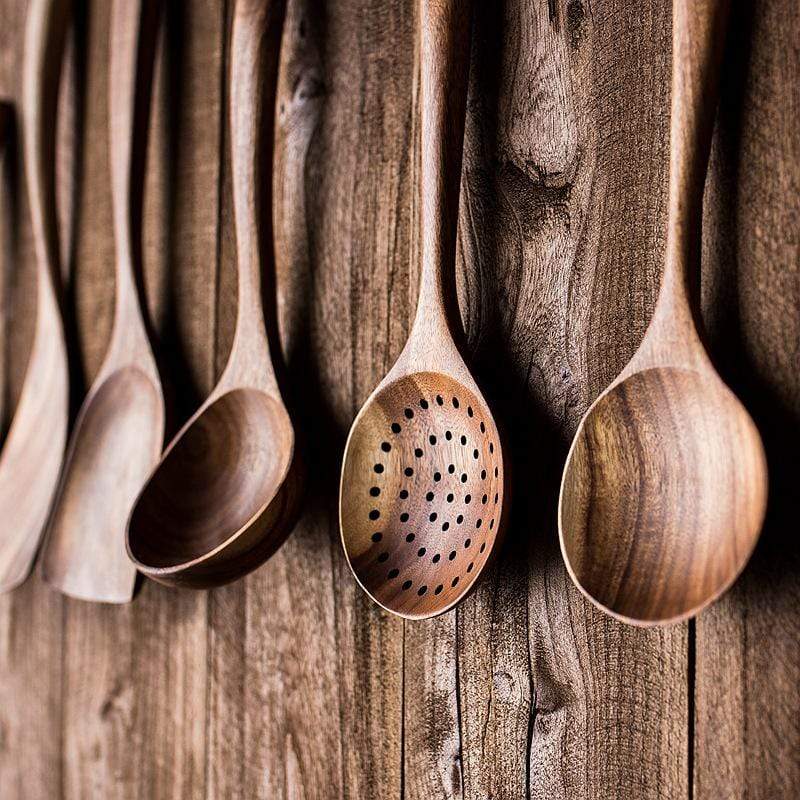 Ensemble d'Ustensiles de Cuisine en Teck de 7 Pièces – Outils Durables et Non Rayants pour Casseroles Antiadhésives