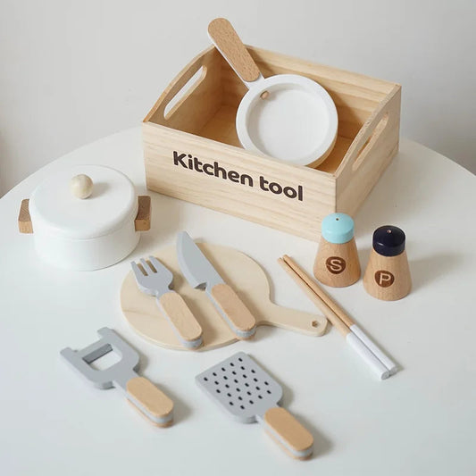Wooden Kitchen Play Set for Children with Fruits, Vegetables, and Utensils – Educational and Interactive Game to Develop Fine Motor Skills