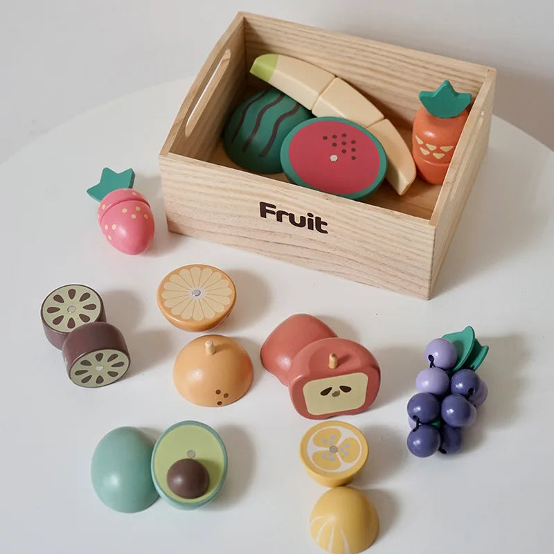 Wooden Kitchen Play Set for Children with Fruits, Vegetables, and Utensils – Educational and Interactive Game to Develop Fine Motor Skills