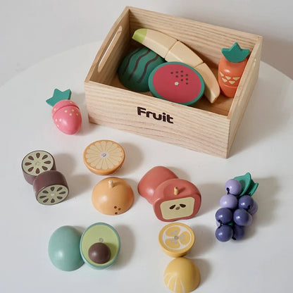 Wooden Kitchen Play Set for Children with Fruits, Vegetables, and Utensils – Educational and Interactive Game to Develop Fine Motor Skills