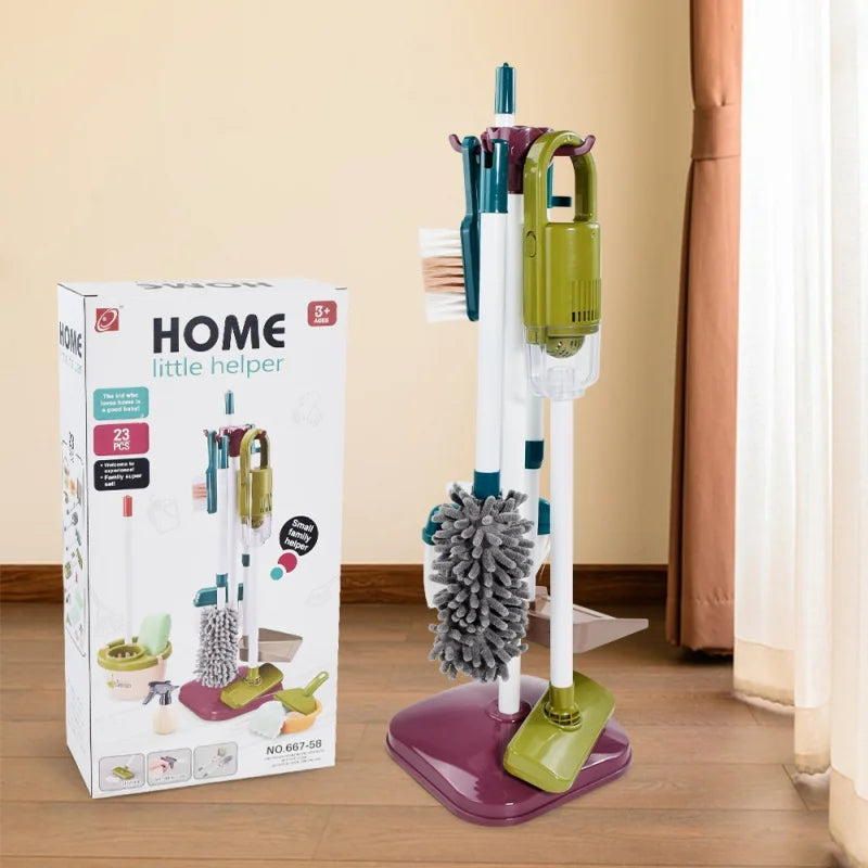 Interactive Cleaning Set for Children – 23 Pieces with Vacuum Cleaner, Broom, and Storage Stand, Multicolor