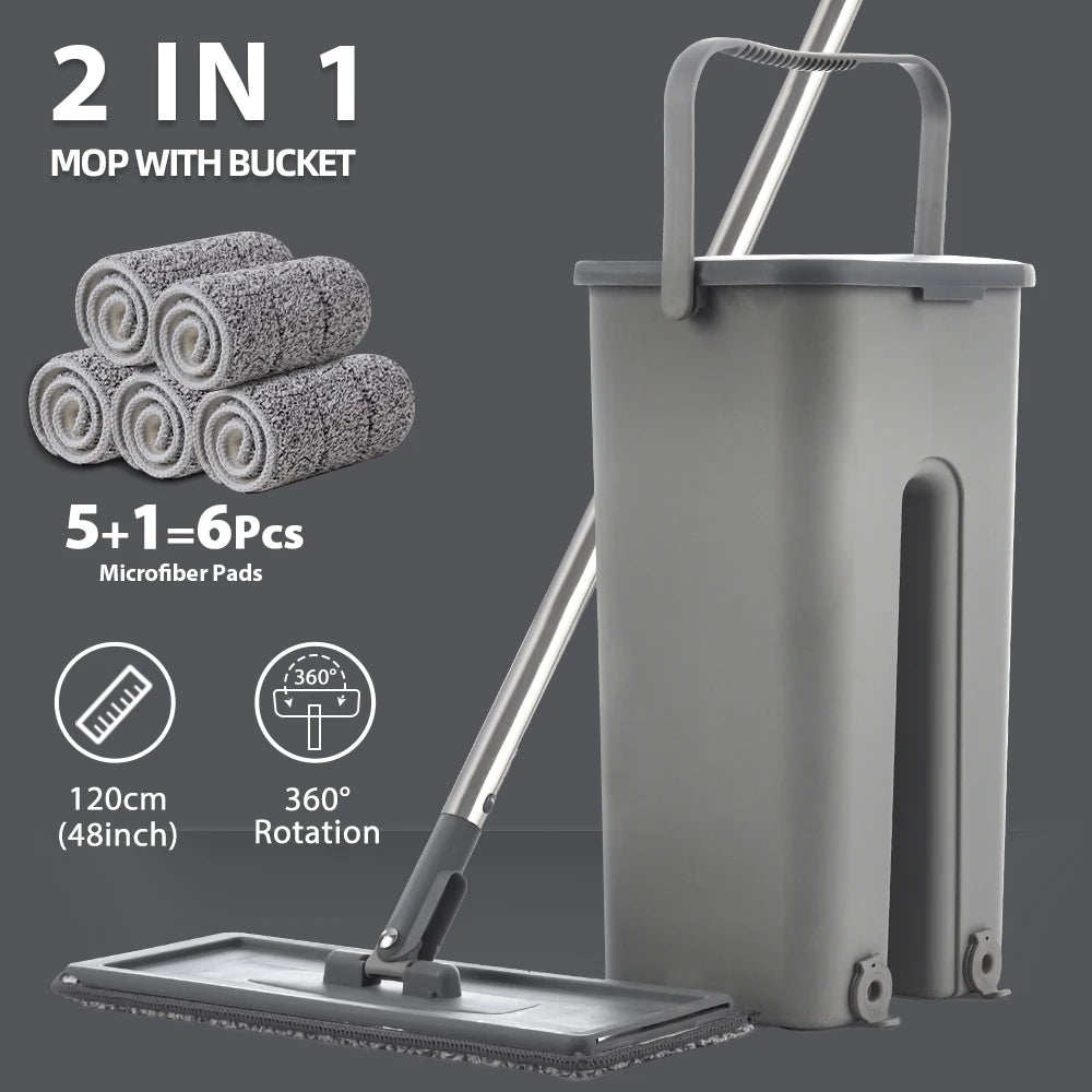 Ensemble de nettoyage ménager avec seau et tampons en microfibre lavables – mains libres