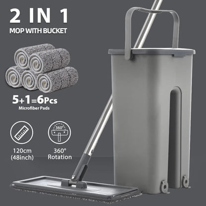 Ensemble de nettoyage ménager avec seau et tampons en microfibre lavables – mains libres