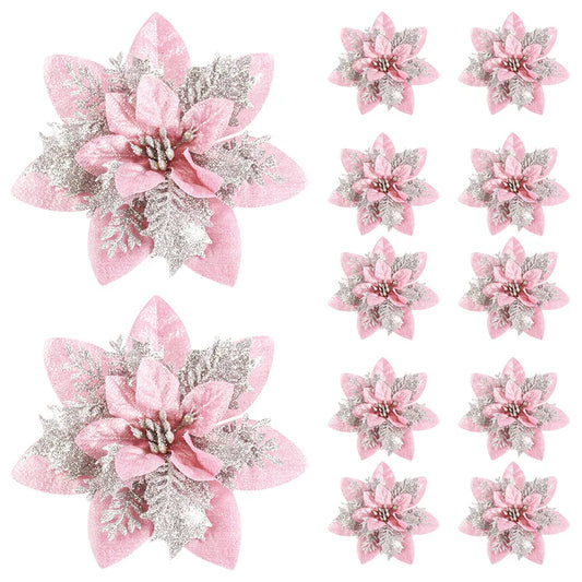 Pink Glitter Christmas Flowers – Artificial Home Decoration, 14 cm, 5/10 Pieces