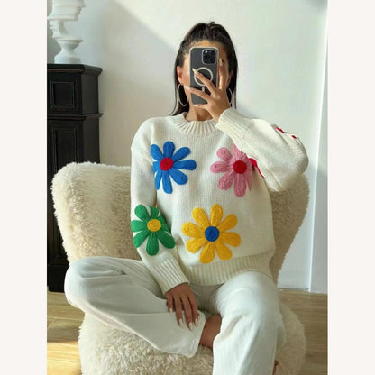 Pull ample à fleurs pour femmes – Tricot doux, col rond, manches longues, style ancien, confort optimal