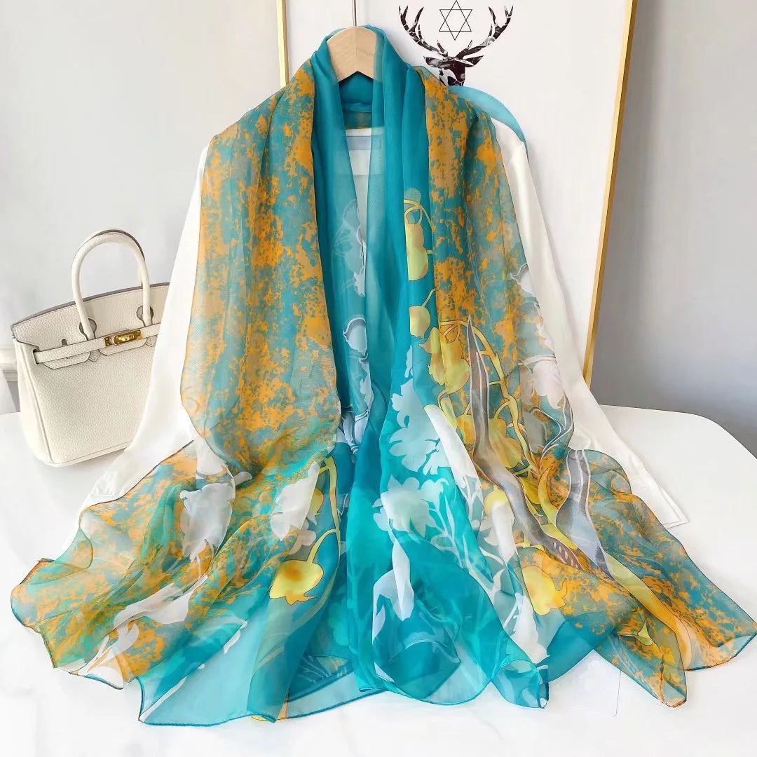 Foulard en Soie Femme Luxe avec Motifs Floraux - Écharpe Rectangulaire Élégante en Soie Douce 180x70 cm 2