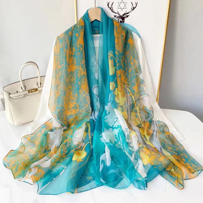 Foulard en Soie Femme Luxe avec Motifs Floraux - Écharpe Rectangulaire Élégante en Soie Douce 180x70 cm 2