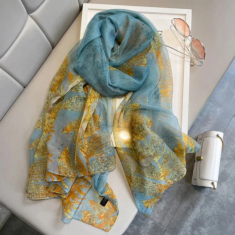 Foulard en Soie Femme Luxe avec Motifs Floraux - Écharpe Rectangulaire Élégante en Soie Douce 180x70 cm 3