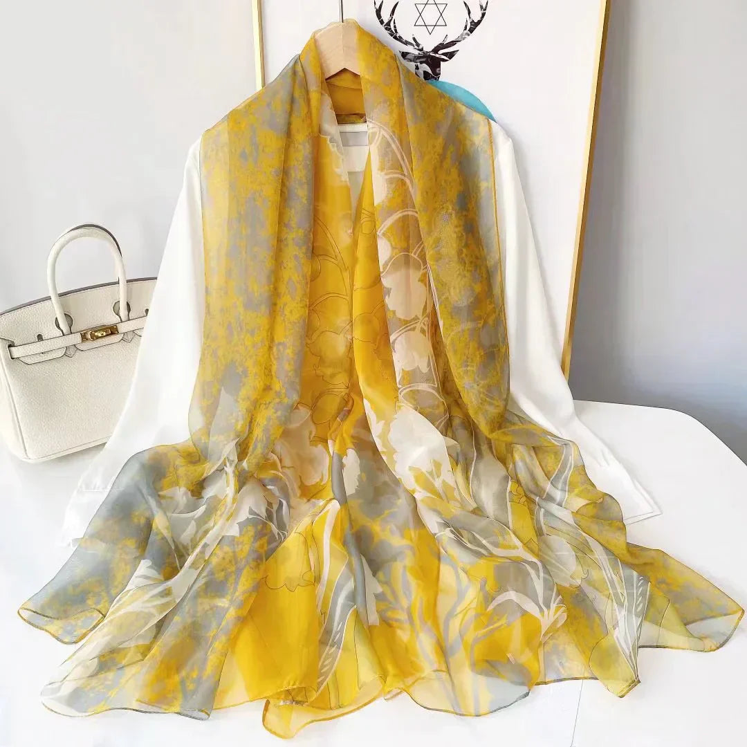 Foulard en Soie Femme Luxe avec Motifs Floraux - Écharpe Rectangulaire Élégante en Soie Douce 180x70 cm 5