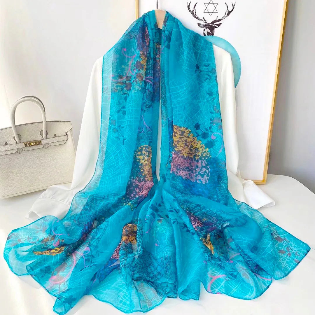 Foulard en Soie Femme Luxe avec Motifs Floraux - Écharpe Rectangulaire Élégante en Soie Douce 180x70 cm 7