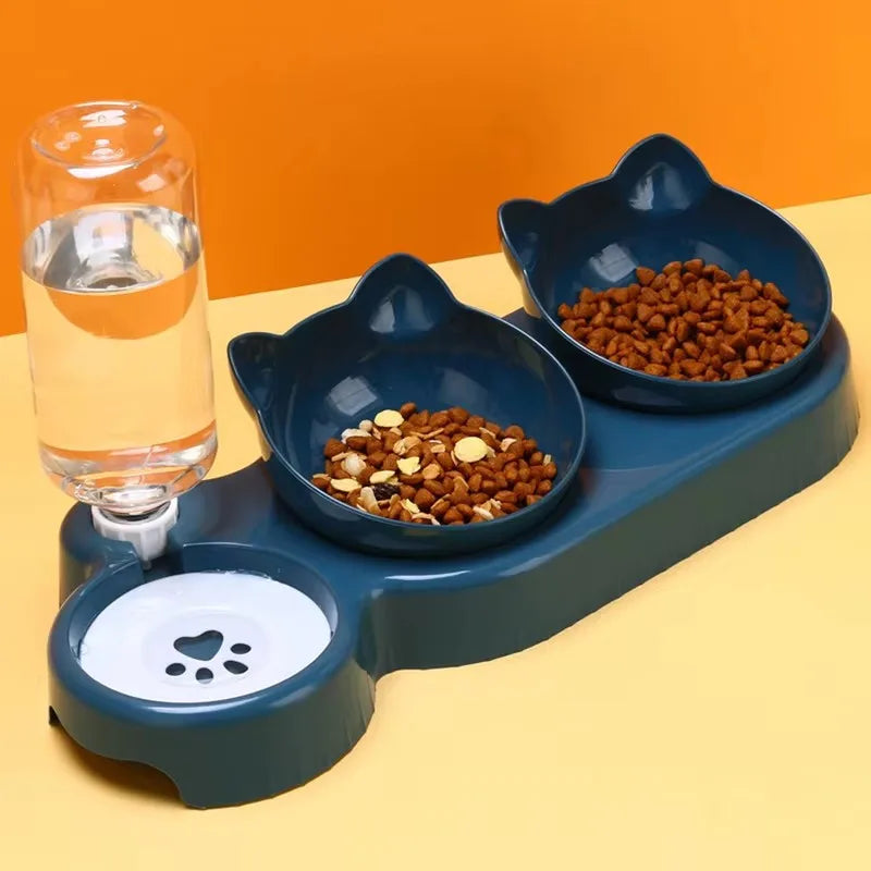 Triple Bowl for Cats and Dogs with Automatic Bottle – Ergonomic Inclined Design