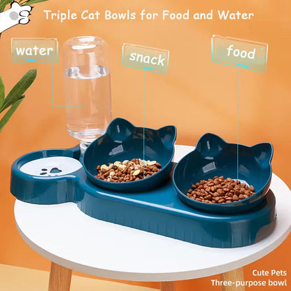 Triple Bowl for Cats and Dogs with Automatic Bottle – Ergonomic Inclined Design