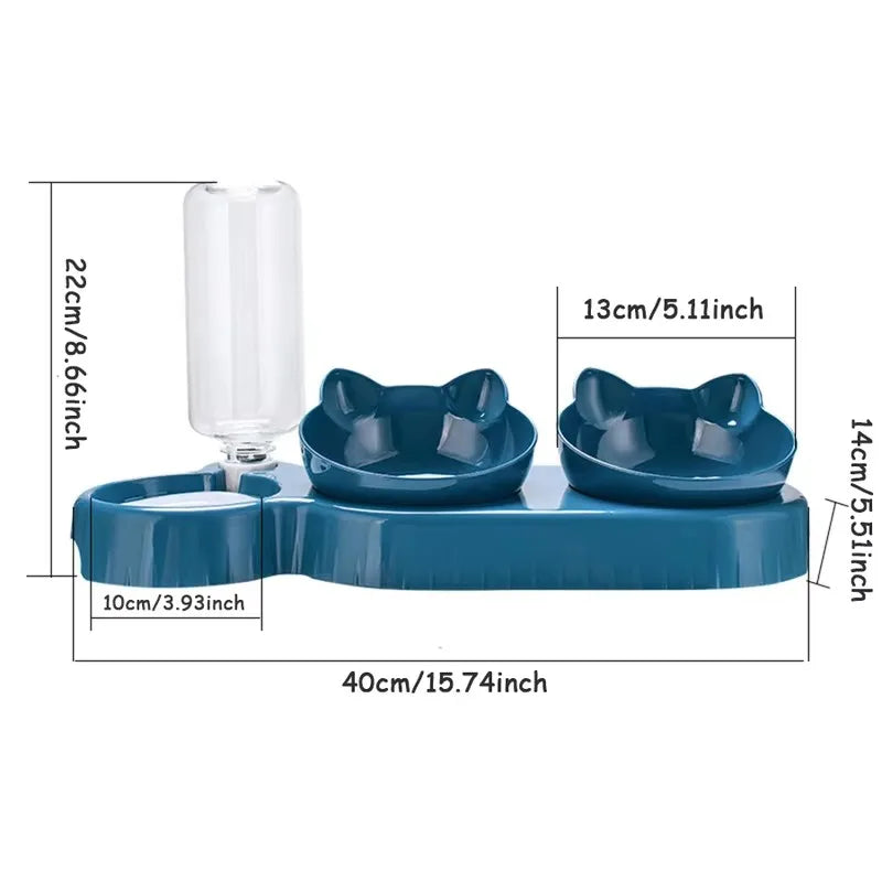 Triple Bowl for Cats and Dogs with Automatic Bottle – Ergonomic Inclined Design