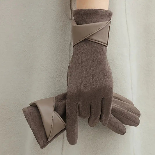 Gants d'Hiver Femme en Velours avec Doublure en Polaire et Manchette en Simili Cuir - Compatibles Écrans Tactiles 0