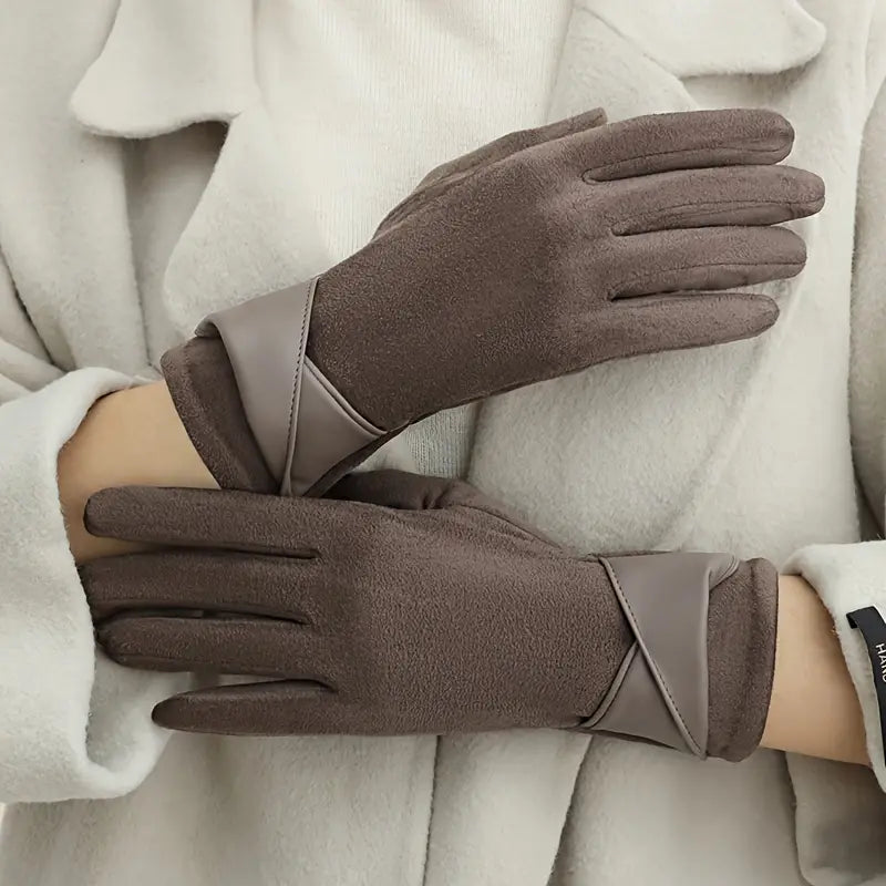 Gants d'Hiver Femme en Velours avec Doublure en Polaire et Manchette en Simili Cuir - Compatibles Écrans Tactiles 2