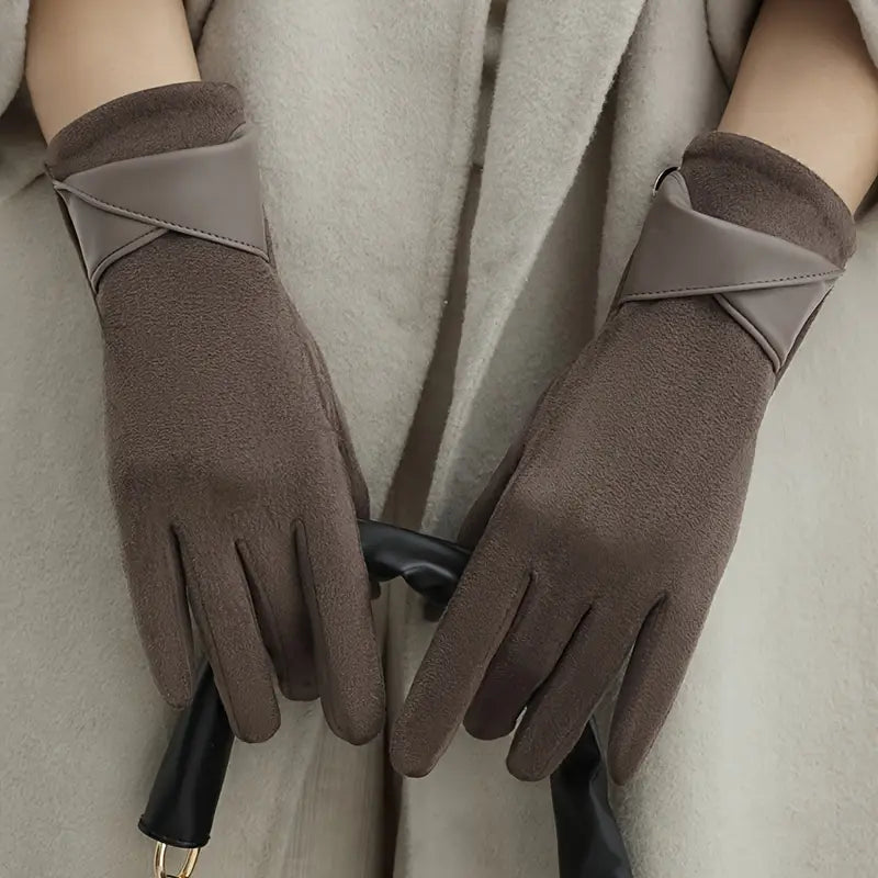Gants d'Hiver Femme en Velours avec Doublure en Polaire et Manchette en Simili Cuir - Compatibles Écrans Tactiles 3