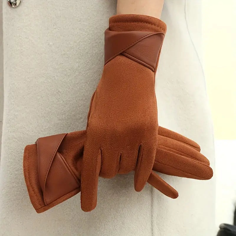 Gants d'Hiver Femme en Velours avec Doublure en Polaire et Manchette en Simili Cuir - Compatibles Écrans Tactiles 4