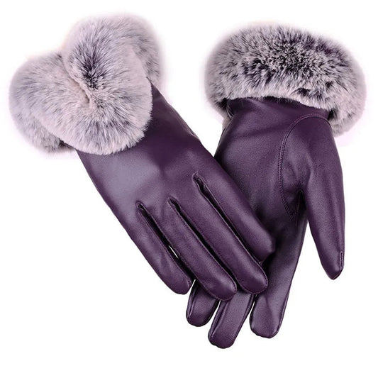 Gants en cuir PU pour femmes avec manchette en fausse fourrure et écran tactile 0