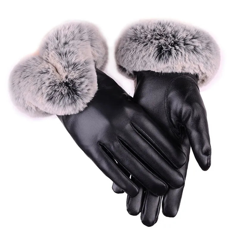 Gants en cuir PU pour femmes avec manchette en fausse fourrure et écran tactile 7