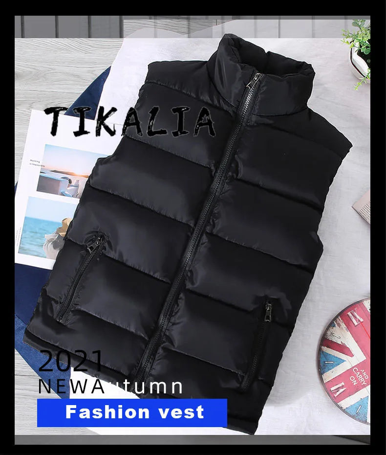 Lightweight Puffer Vest for Men with Stand-up Collar – Casual Polyester Jacket