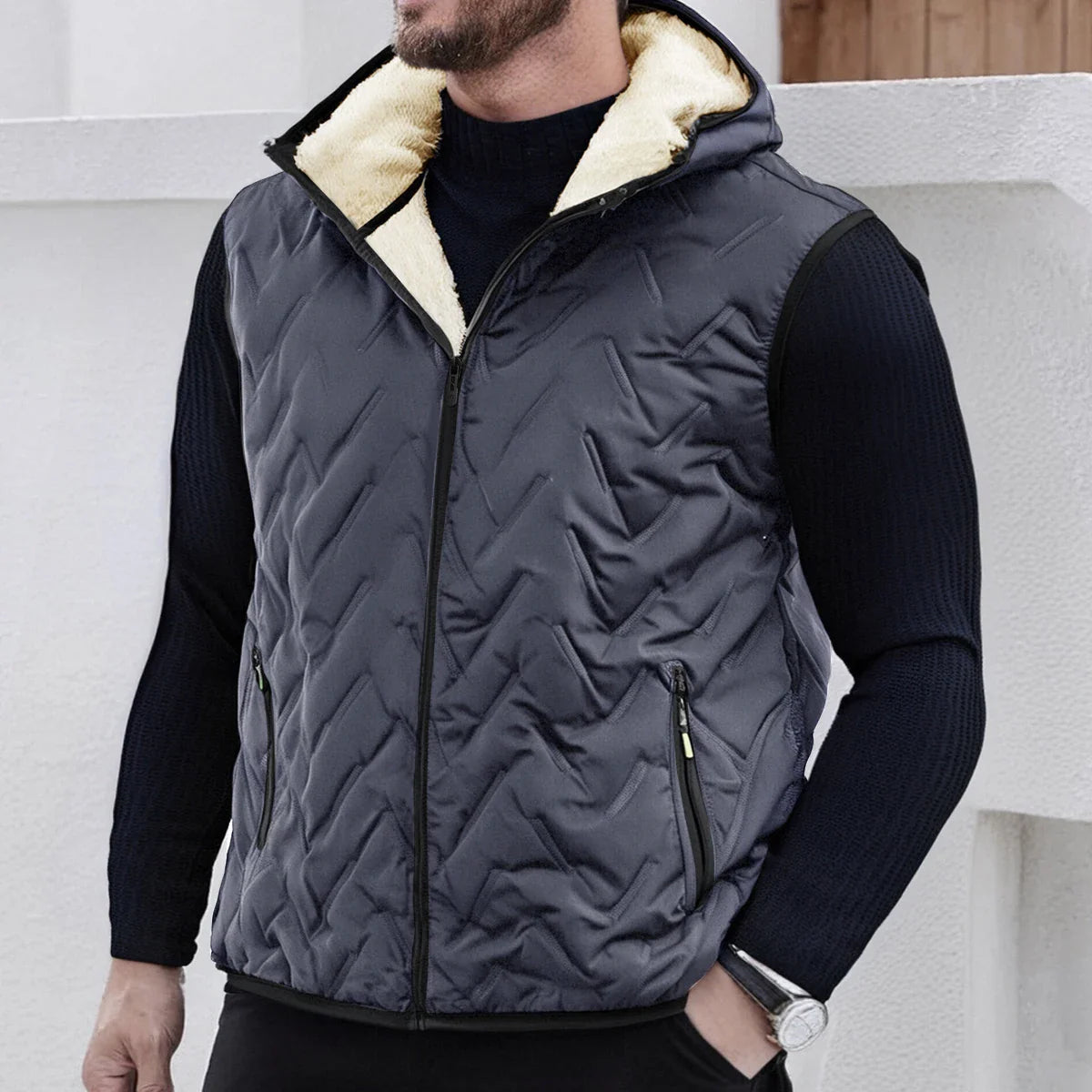 Insulated Down Vest for Men with Hood and Zipped Pockets - Quilted for Autumn and Winter