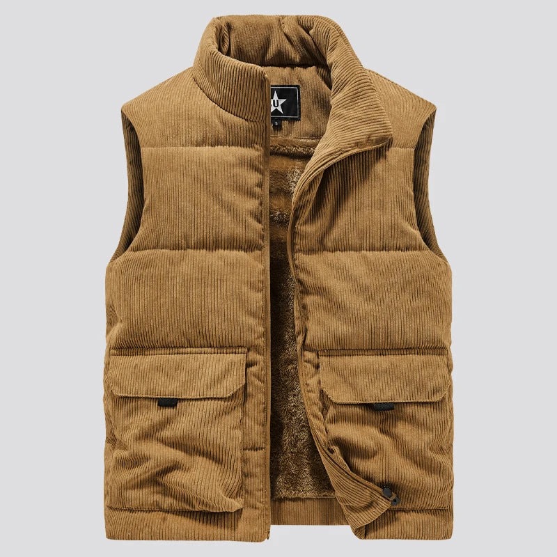 Quilted Fleece Vest for Men with Stand-up Collar and Utility Pocket