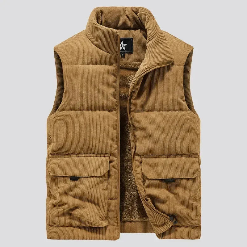Quilted Fleece Vest for Men with Stand-up Collar and Utility Pocket