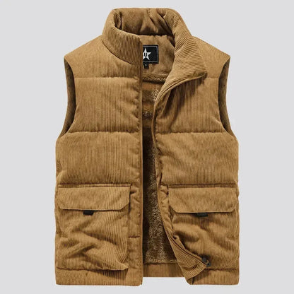 Quilted Fleece Vest for Men with Stand-up Collar and Utility Pocket