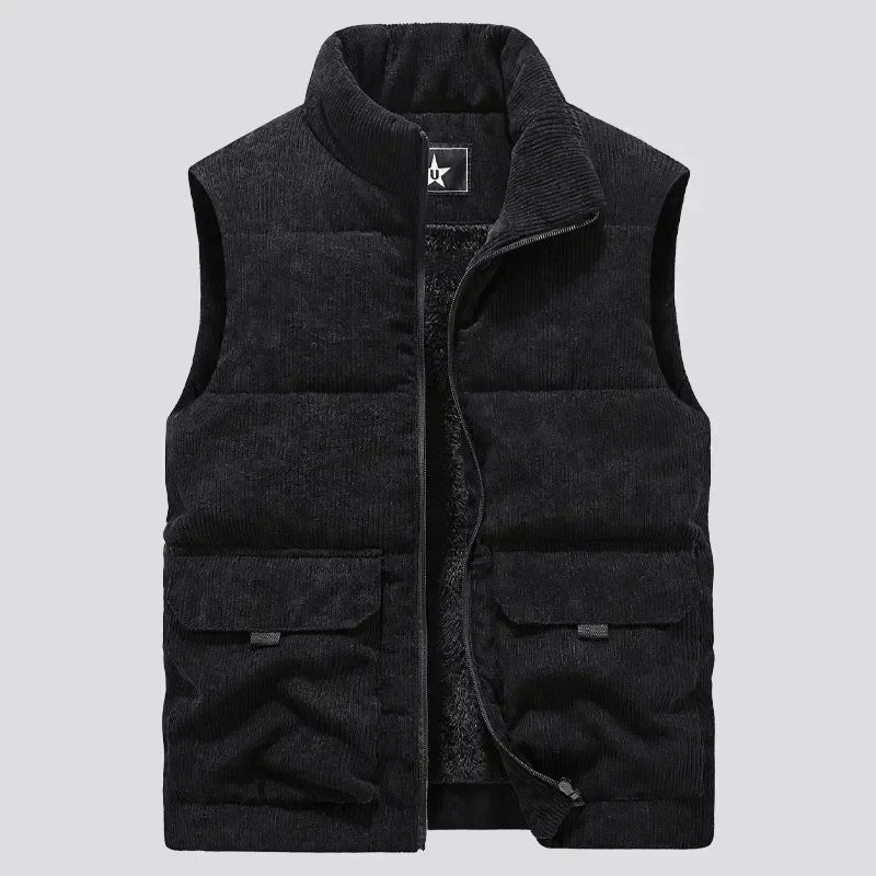 Quilted Fleece Vest for Men with Stand-up Collar and Utility Pocket